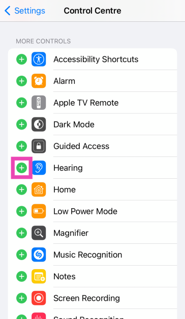 Step 2: Hit the green plus icon next to Hearing. How To Use AirPods Pro As Hearing Aids? (2024)