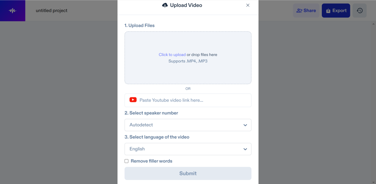 Step 3: Upload the video file from your PC or paste the link to the YouTube video in the box.