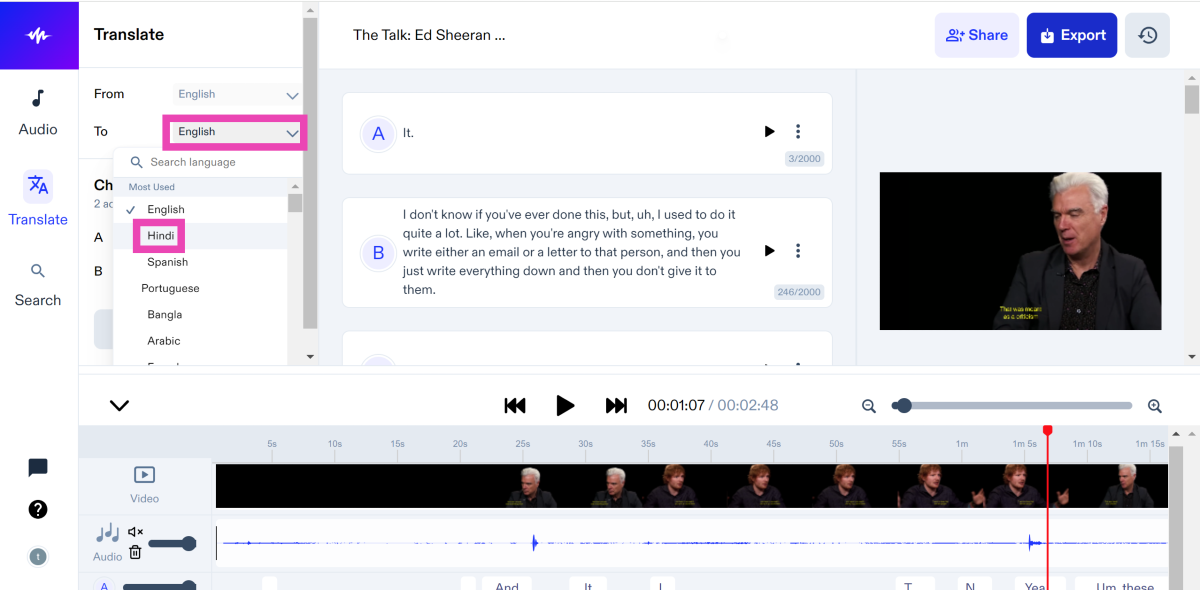 Step 6: In the Translate section, click the dropdown menu next to ‘To’ and select the language you want the video to be translated into.