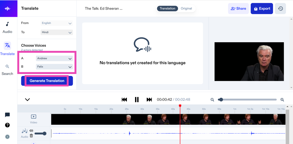 Step 7: Choose the voices for the translated video and hit Generate.