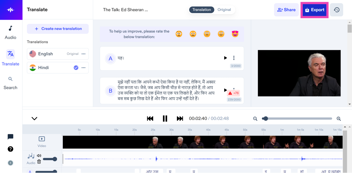 Step 8: Click on Export to download the translated video.