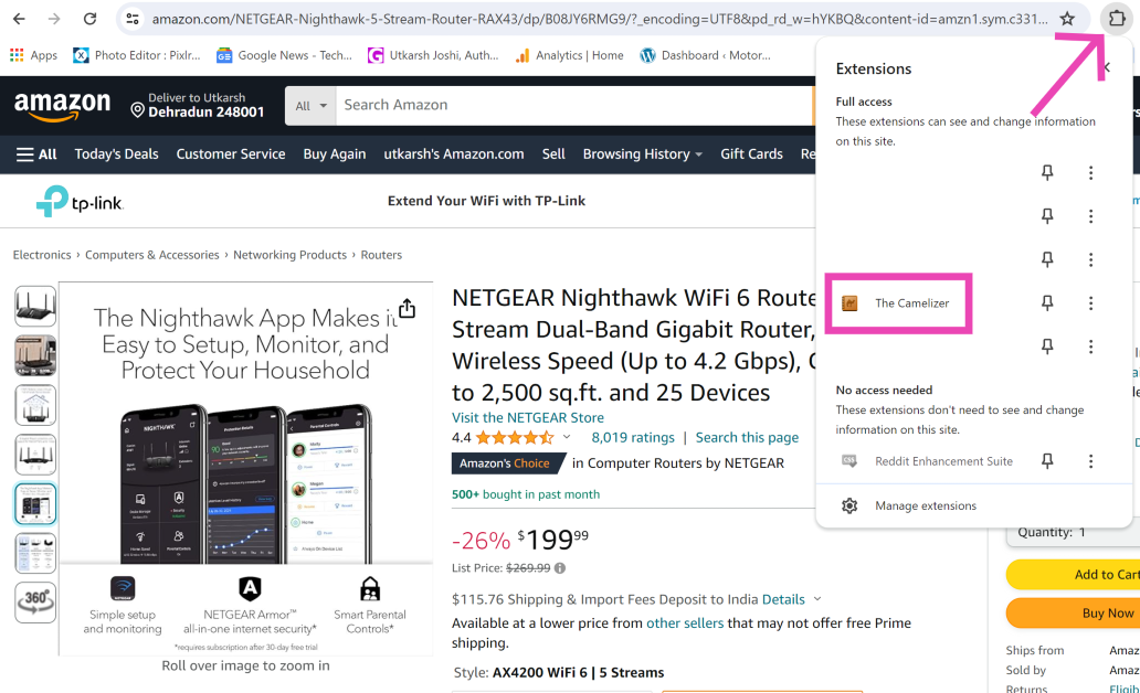 Step 3: Click on the extensions icon next to the address bar and select Camelizer.
