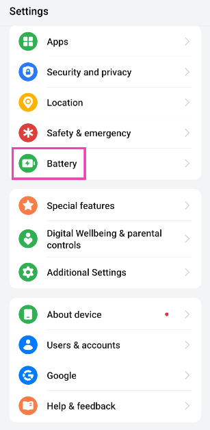 Step 1: Go to Settings and select Battery. smartphone battery charging tips and battery life