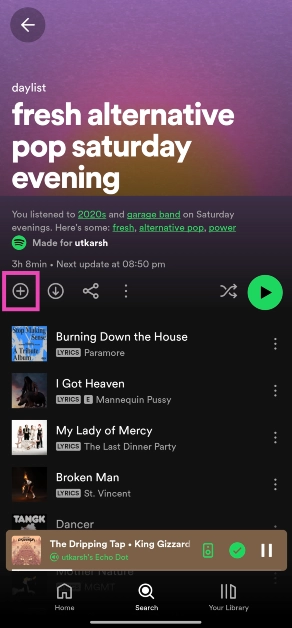 Step 5: Tap on the plus icon to save your daylist to your Spotify library.
