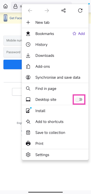 Step 4: Turn on the toggle switch for Desktop site.