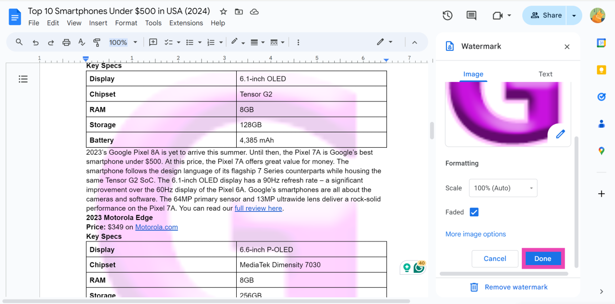 Step 9: Hit Done. How to add a watermark to your Google Docs? Top 2 ways (2024)