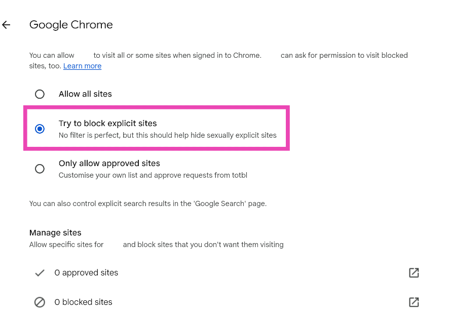 Step 5: Click on ‘Try to block explicit sites’. This will filter out most of the sexual content. How to use Family Link to block explicit content on Google Chrome? (2024)