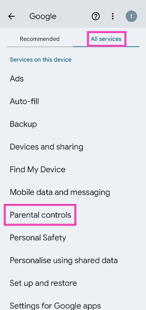 Step 3: Switch to the All services tab and select Parental controls.