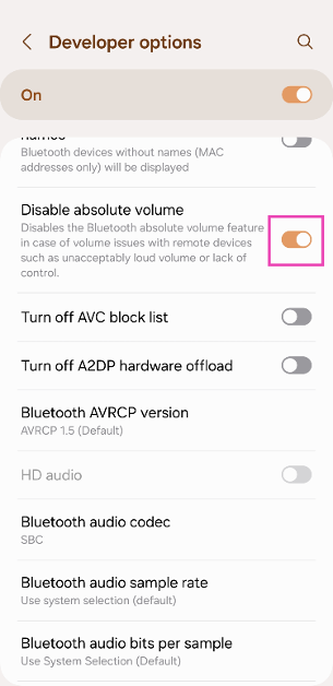Step 5: Turn off the toggle switch for Disable absolute volume. Top 6 ways to improve loudspeaker quality on Android (2024) increase speaker volume android