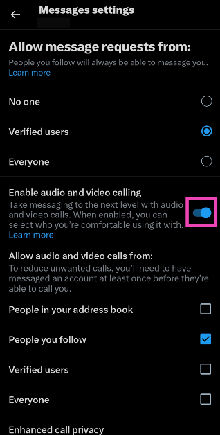 Step 4: Turn off the toggle switch for Enable audio and video calling.