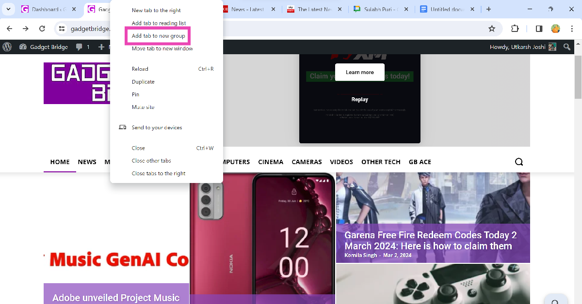 Step 2: Select Add tab to new group.
