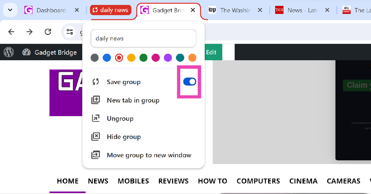 Step 4: Turn on the toggle switch for Save group. When you save a tab group, it appears in the bookmarks bar.
