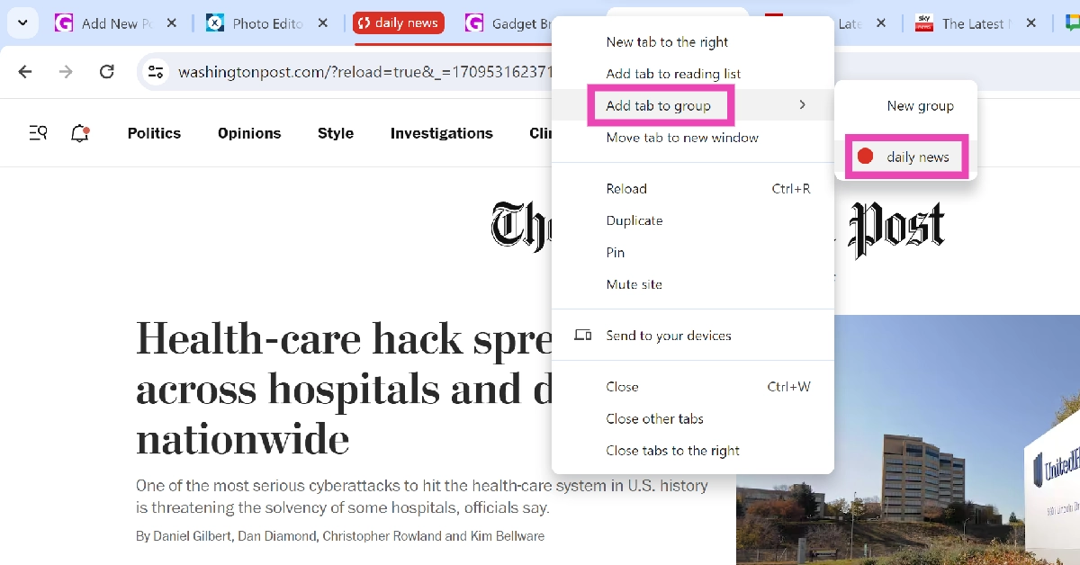 Step 5: Right-click on a tab and go to Add tab to a group>Group name to add it to your selected group.