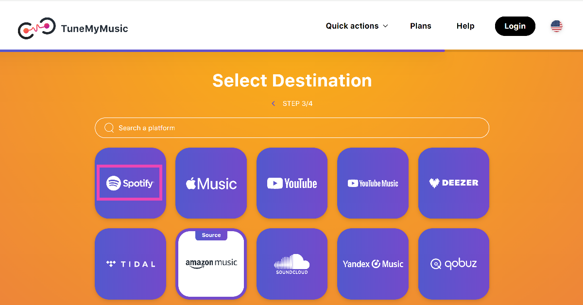 Step 5: Select Spotify as the destination and allow Tune My Music to access your profile.
