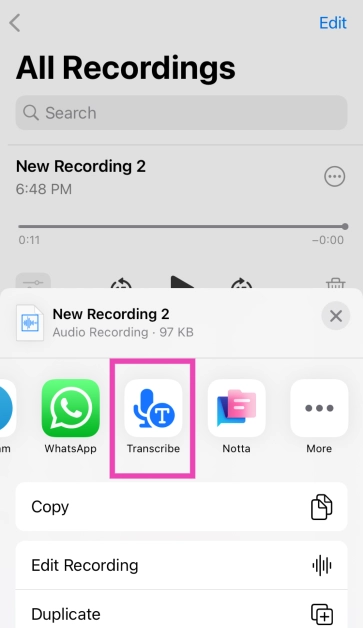 Step 4: From the app list, select Transcribe.