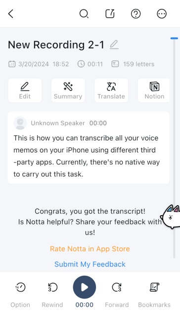 Step 6: Once the voice memo has been transcribed it will appear as a text file in the Notta app.