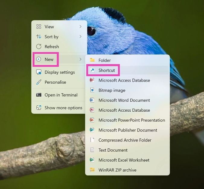 Step 1: Right-click on the desktop and go to New>Shortcut.