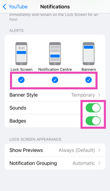 Tick all three options: Lock Screen, Notifications Centre, and Banner.
