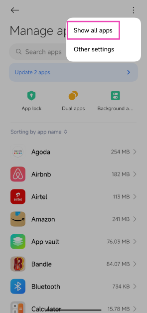 Step 2: Tap the ellipses at the top right corner of the screen and select Show system.