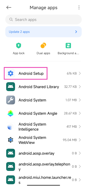 Step 3: Select Android Setup from the list of apps.