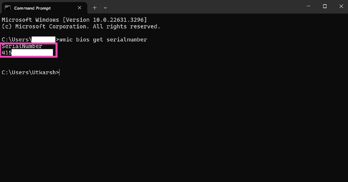 Step 2: Type wmic bios get serialnumber and hit Enter.