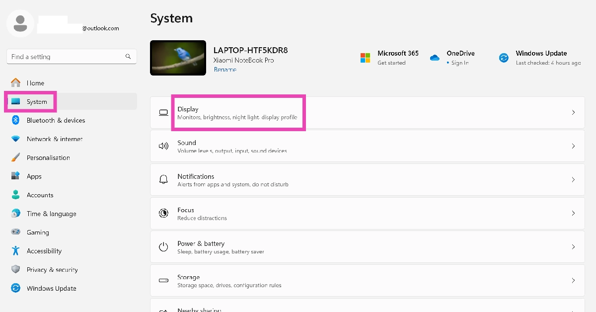 Step 2: Switch to the System tab and click on Display.
