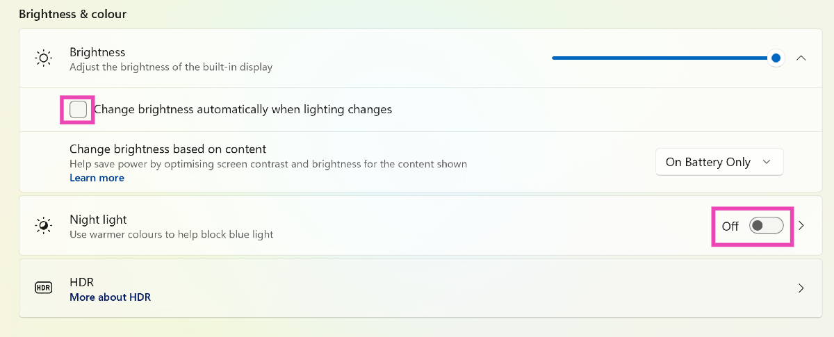 Step 4: Hit the downward arrow icon next to the bar and uncheck the box for Change brightness automatically when lighting changes.