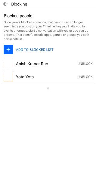 On the following page, you will be able to see the users you have blocked on Facebook. To remove a user from the block list, hit the ‘Unblock’ option next to their profile.