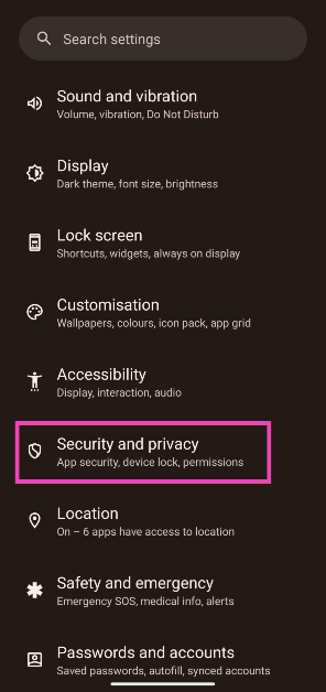 Step 2: Tap on Security and privacy.