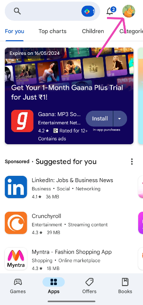 Step 1: Launch the Google Play Store and hit your profile icon at the top right corner of the screen.