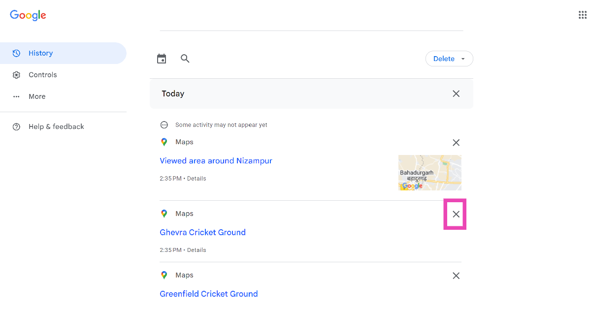 Step 5: Hit the cross icon next to a location to remove it from Google Maps history.