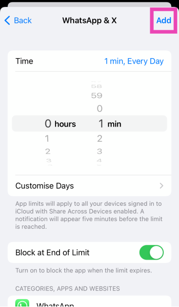 Step 7: Set the timer to 1 minute and tap on Add at the top right corner of the screen. Top 3 Ways to Lock Apps in iPhone and ios (2024)
