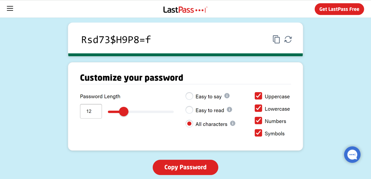 Step 3: LastPass will generate a random password for you. You can customise it further by increasing its length, making it easier to say or read, and adding or removing uppercase/lowercase letters, special characters, and numbers.