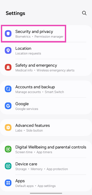 Step 1: Go to Settings and select Security and privacy.