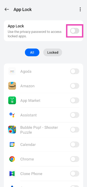 Step 3: Turn on the toggle switch for App Lock and set up a password.