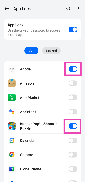 Step 4: Turn on the toggle switch for the app you want to lock.