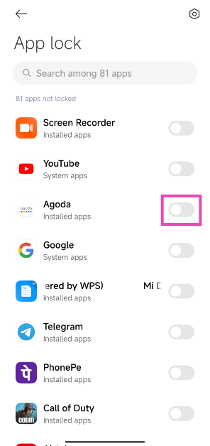 Step 4: Turn on the toggle switch for the app you want to lock.