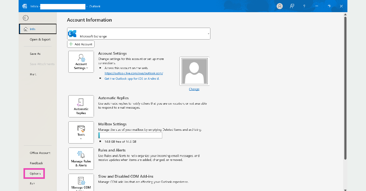 Step 2: In the File tab, click on Options. Top 2 Ways to clear Outlook cache in Windows 10 or 11 (2024)