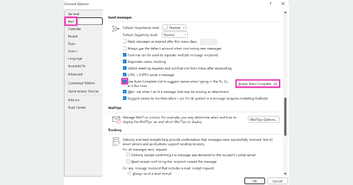 Step 4: Deselect ‘Use Auto-Complete List to suggest names while typing in the To, Cc, and Bcc lines’. Click on Empty Auto-Complete List as well. Top 2 Ways to clear Outlook cache in Windows 10 or 11 (2024)
