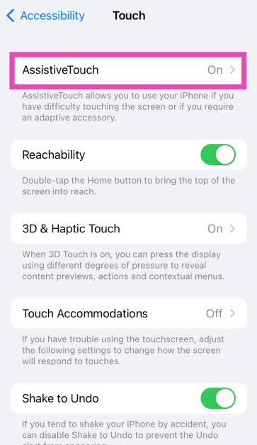Step 3: Select Assistive Touch and turn on its toggle switch.