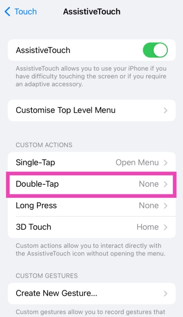 Step 4: Select Double Tap in the Custom Actions category.
