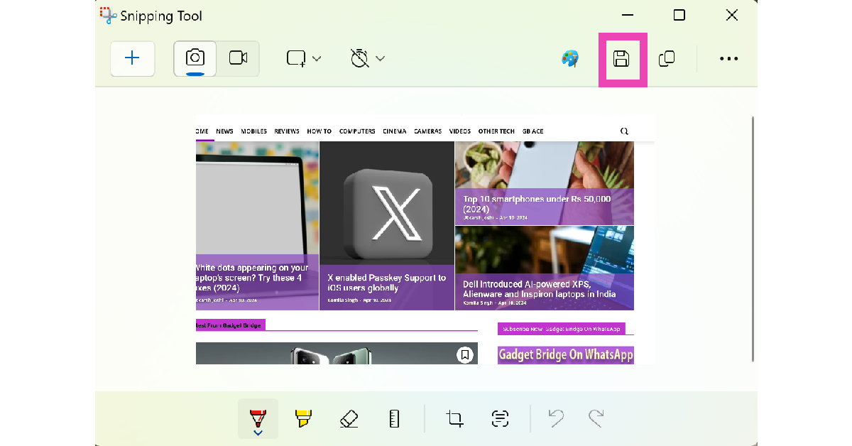Step 5: Once the area has been selected, release your finger from the mouse/trackpad. The screenshot will appear in the Snipping Tool window where it can be edited and saved.