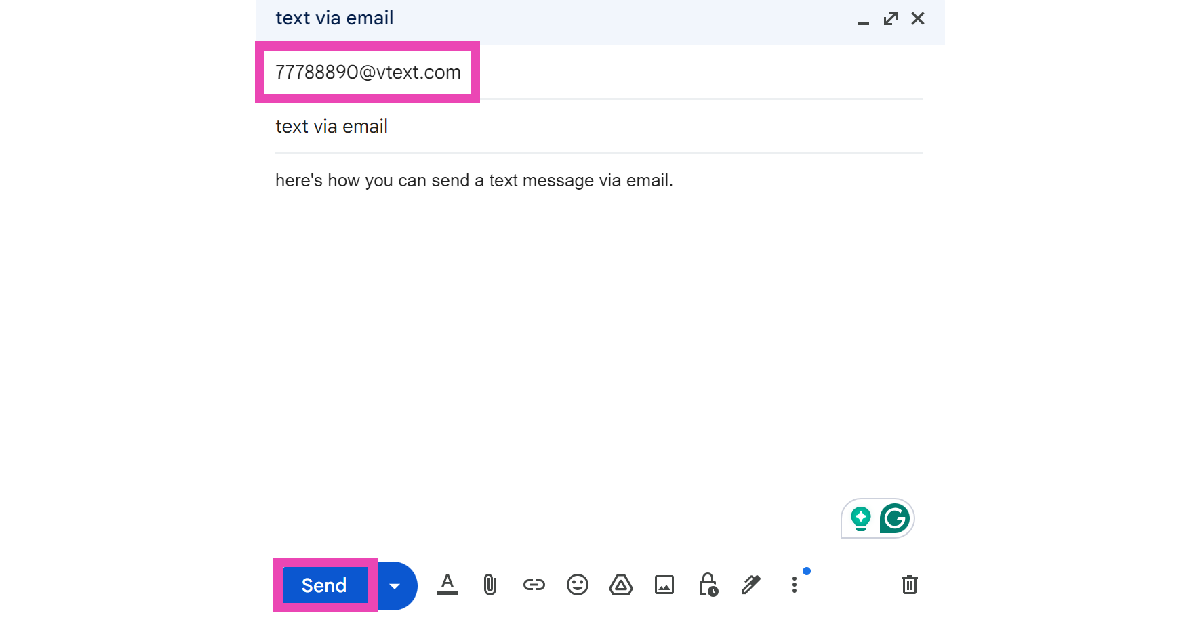 Step 2: In the recipient address field, enter the recipient’s phone number followed by the SMS gateway of their service provider. For example, the SMS gateway for Verizon is vtext.com. For AT&T, the gateway is txt.att.net. If the recipient number is ‘7778889990’, enter 7778889990@vtext.com in the recipient address field. How to send a text via email? (2024)