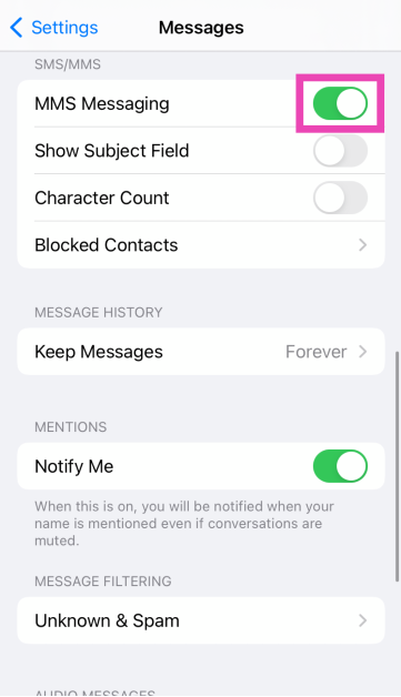 Step 2: Scroll down and turn on the toggle switch for MMS Messaging. Top 10 ways to fix iPhone not receiving texts (2024)