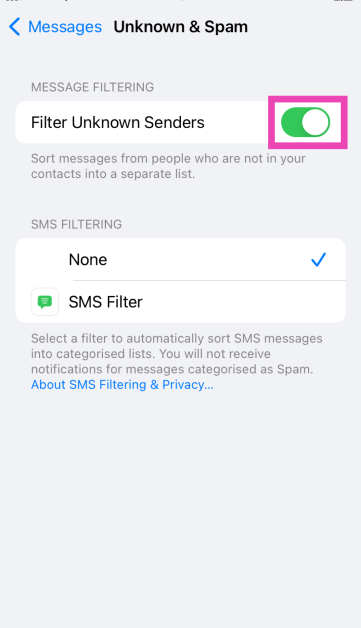 Step 3: Turn off the toggle switch for Filter Unknown Senders. Top 10 ways to fix iPhone not receiving texts (2024)