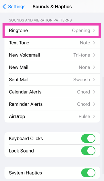 Step 2: Select the alert tone for which you want to change the vibrational pattern.