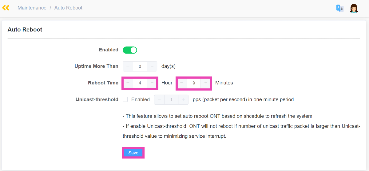 Step 5: Enter the frequency of auto reboot in hours and minutes.