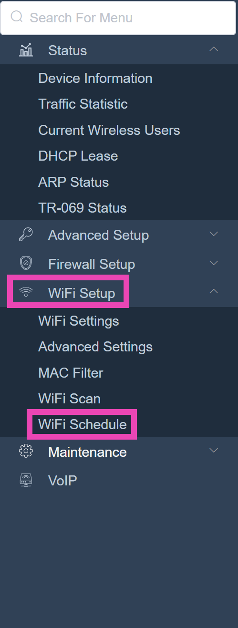 Step 3: Click on WiFi Setup and select WiFi Schedule.