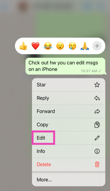 Step 2: Long-press the message you wish to edit and select Edit from the popup menu.