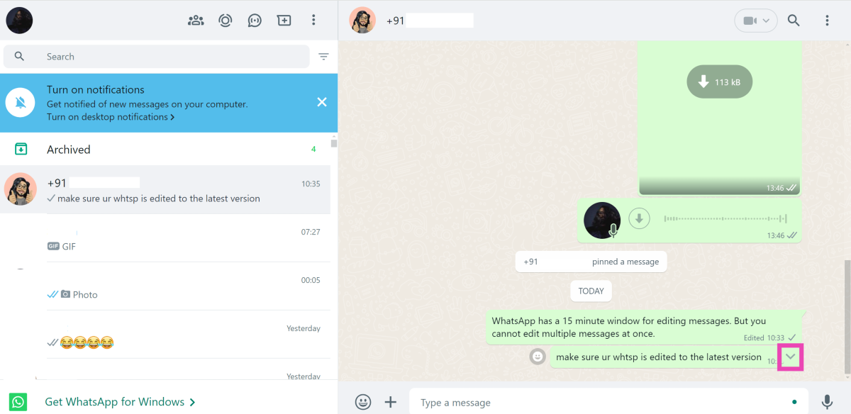 Step 3: Click the downward arrow next to the message you want to edit.